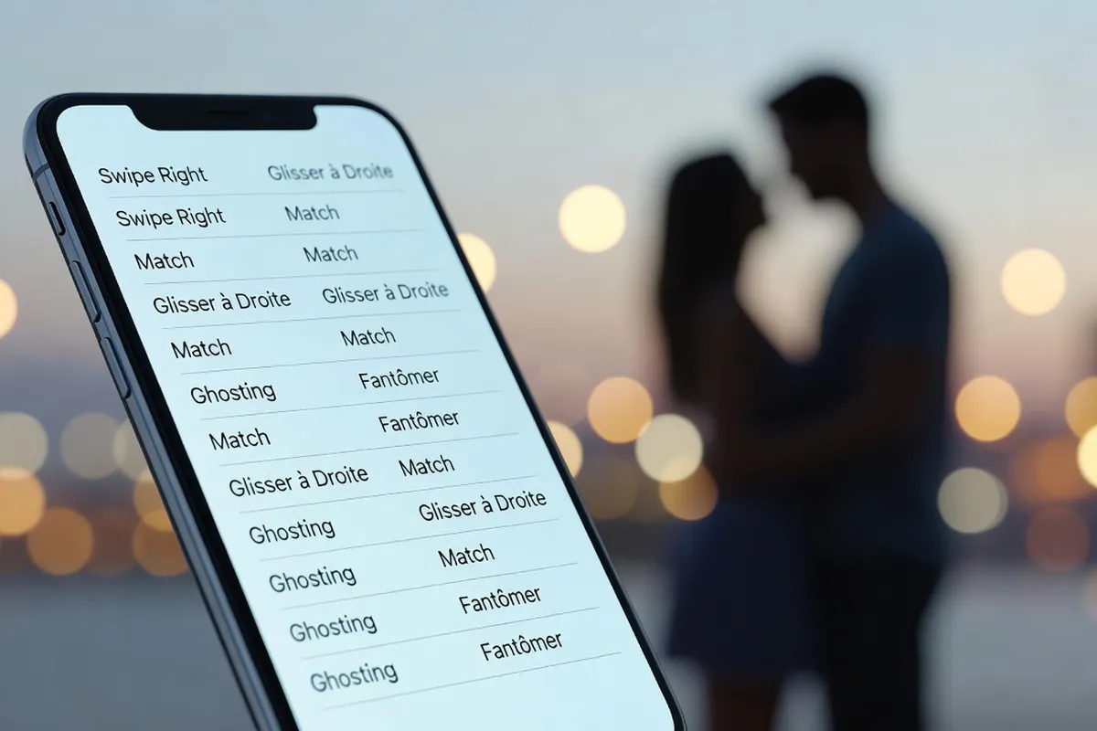Smartphone avec notifications de match et messages sur une application de rencontre, style moderne
