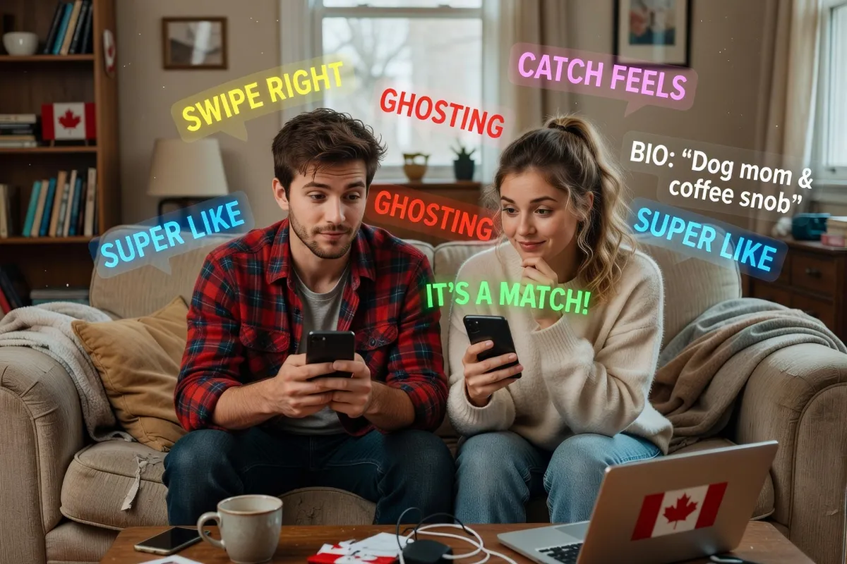 Jeune célibataire québécois qui parcourt son téléphone dans un café, expression amusée, contexte décontracté