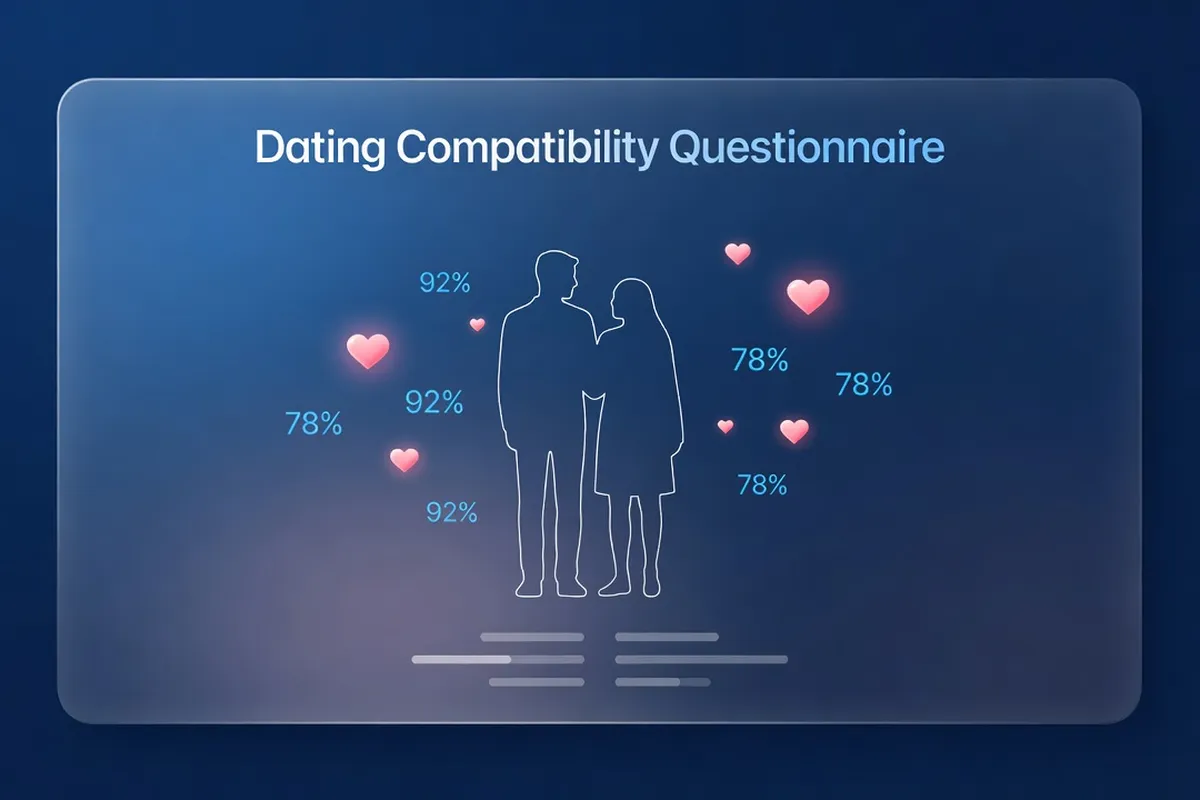 Écran de test de compatibilité OkCupid avec questions thématiques sur interface moderne
