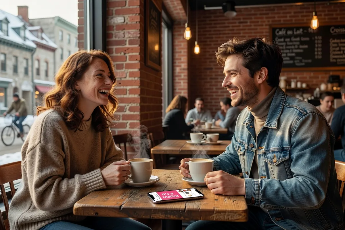 Couple québécois qui découvrent leur forte compatibilité OkCupid dans un café montréalais