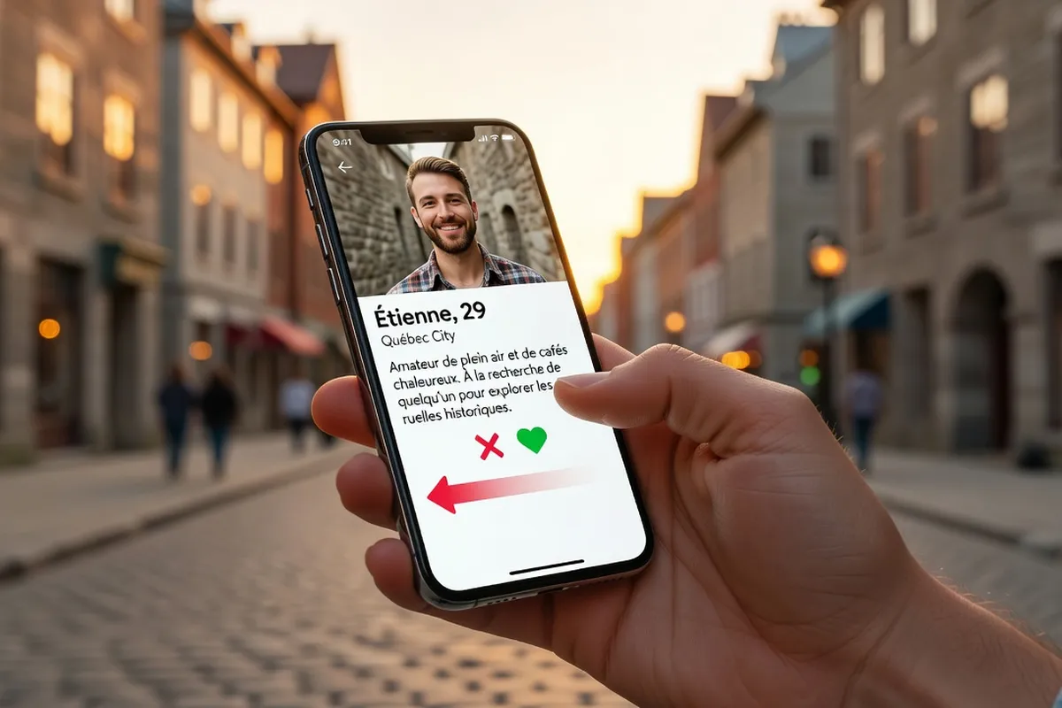 Main qui swipe sur Tinder, interface colorée avec profils, geste naturel