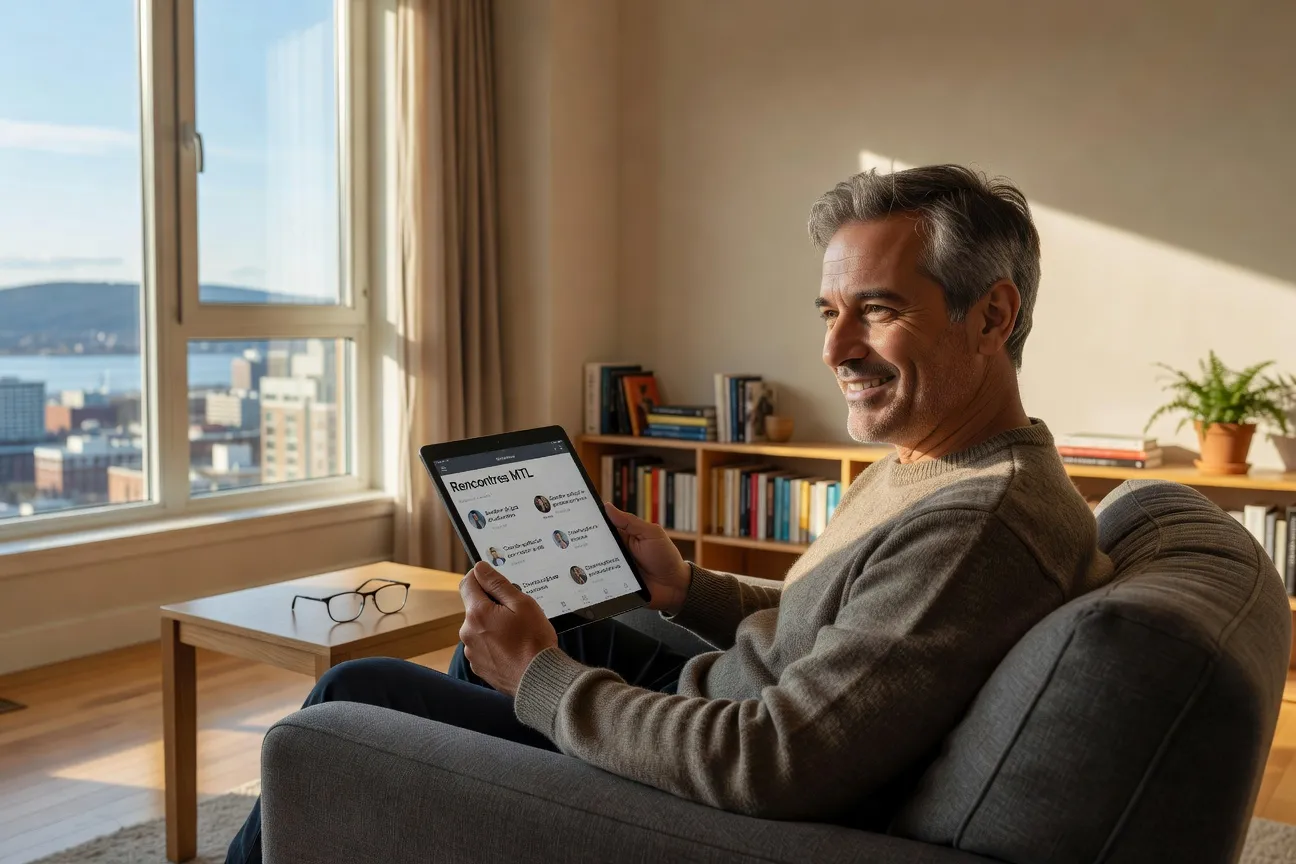 Homme de 50 ans utilisant un site de rencontre sur sa tablette à Montréal