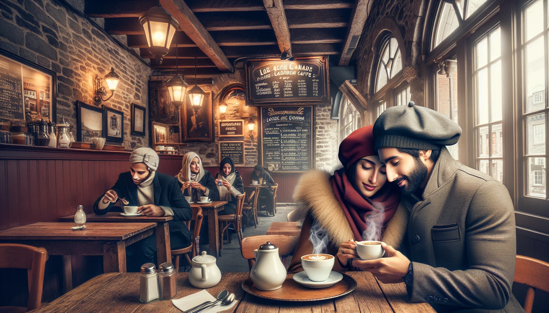 Couple quebecois lors d'un rendez-vous au cafe dans le Vieux-Montreal